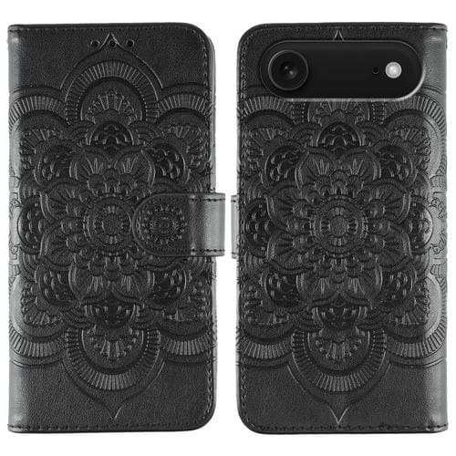 Funda de cuero con estampado de mandala solar para iPhone 17 Air (negra)