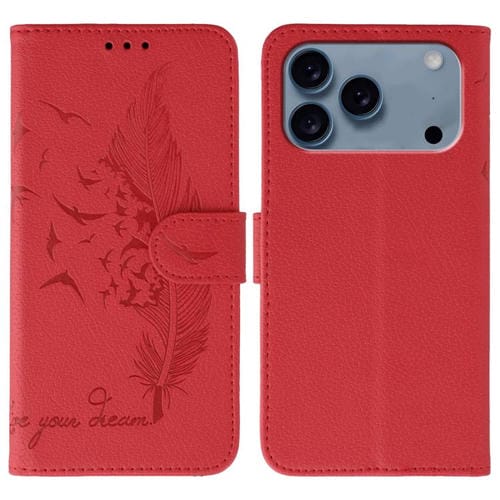 Funda de cuero con textura de lichi y estampado de plumas para iPhone 17 Pro (roja)