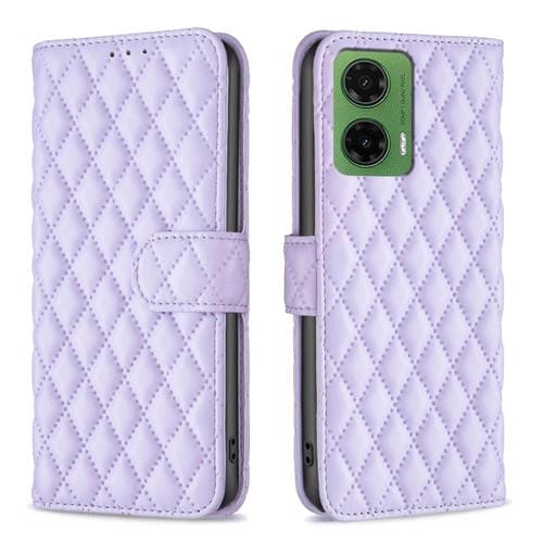 Funda de Cuero Tipo Billetera para Motorola Moto G35 con Tapa y Diseño Celosía (Morado)