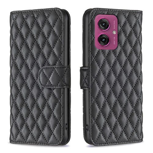 Funda de Cuero Tipo Billetera para Motorola Moto G55 con Tapa y Diseño Celosía (Negra)