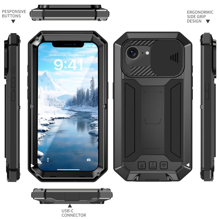 Funda para teléfono R-Just iPhone 16E soporte impermeable IP54 cámara deslizante (Negra)