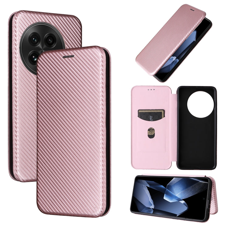Funda de Cuero con Tapa y Textura de Fibra de Carbono para OnePlus 13 (Rosa)