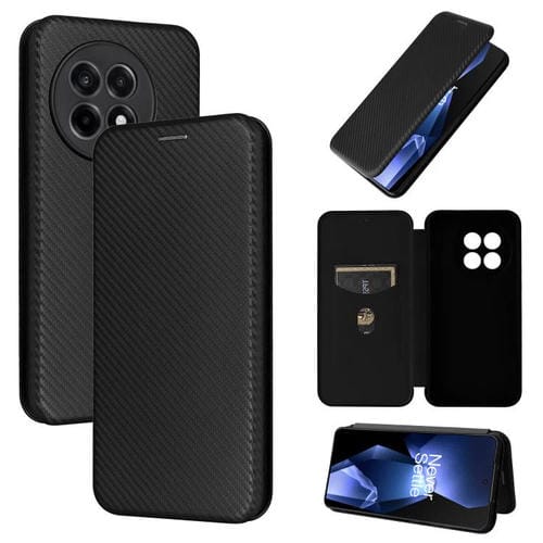 Funda de Cuero para OnePlus Ace 5 Pro con Tapa y Textura Fibra de Carbono (Negra)