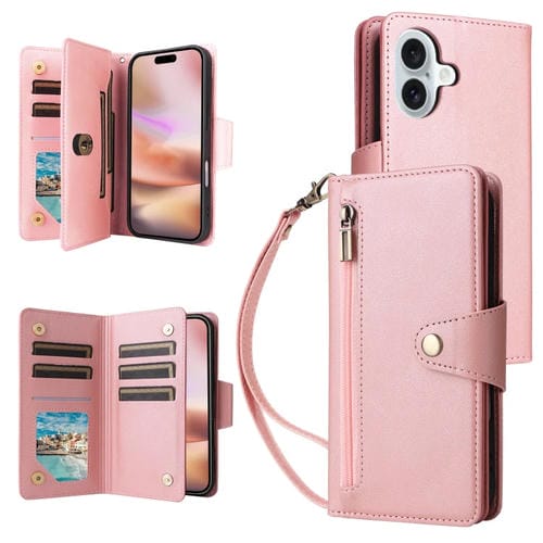Funda de Cuero para iPhone 16 con Tres Pliegues y Hebilla de Remache (Oro Rosa)