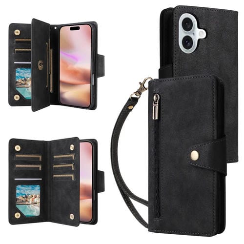 Funda de Cuero para iPhone 16 con Tres Pliegues y Hebilla de Remache (Negro)