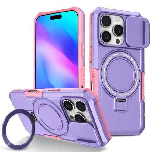 Funda híbrida TPU y PC con Soporte Magsafe y Protección deslizante para iPhone 16 Pro Max (Rosa y Morado)