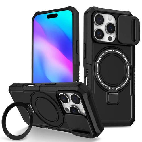 Funda híbrida TPU y PC con soporte Magsafe y protección deslizante para iPhone 16 Pro Max (Negra)