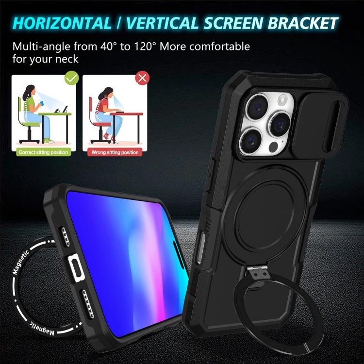 Funda híbrida TPU y PC con soporte Magsafe y protección deslizante para iPhone 16 Pro Max (Negra)