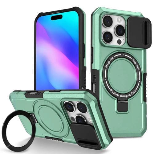 Funda híbrida TPU y PC con soporte Magsafe y protección deslizante para iPhone 16 Pro (Azul Claro)