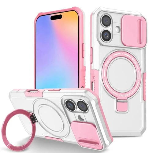 Funda híbrida TPU y PC con soporte Magsafe y protección deslizante para iPhone 16 Plus (Rosa y Blanco)