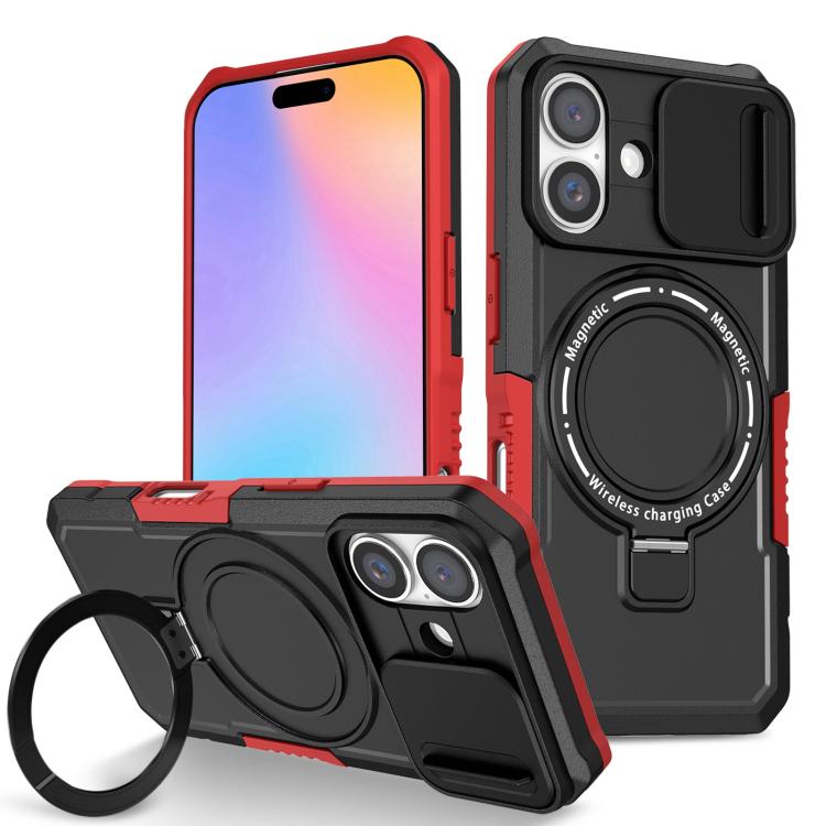 Funda hĂbrida TPU y PC con soporte Magsafe y protecciĂłn deslizante para iPhone 16 (Negro y Rojo)
