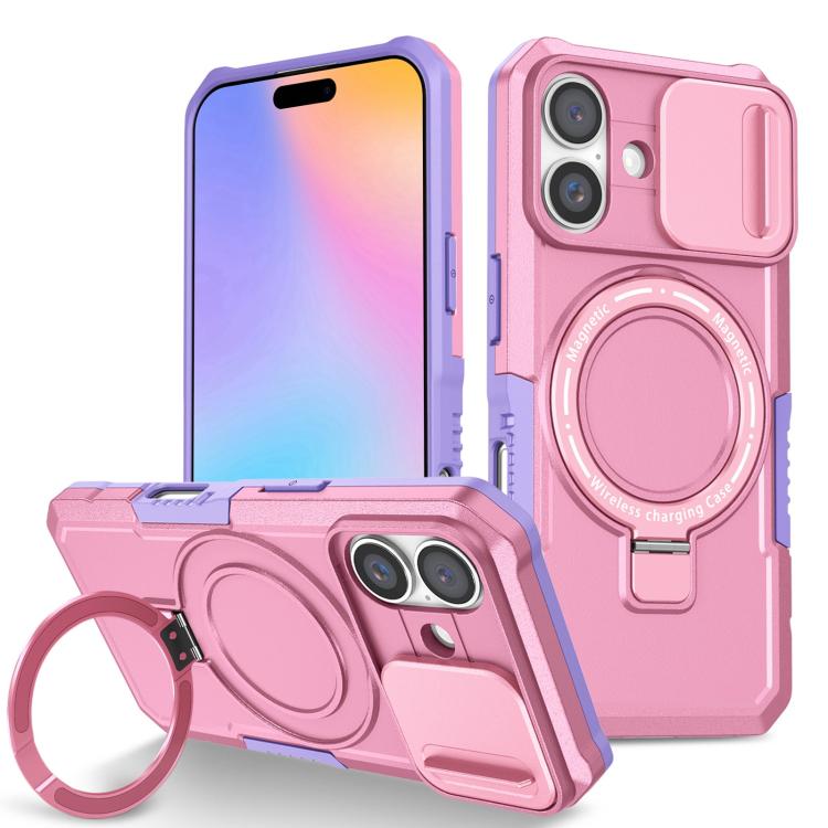 Funda hĂbrida TPU y PC con soporte Magsafe y protecciĂłn para iPhone 16 (Morado y Rosa)