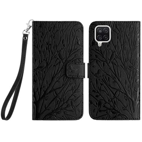 Funda para Teléfono Samsung Galaxy A12 5G Cuero Patrón En Relieve Tree Birds (Negro)