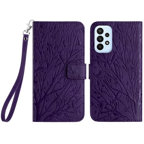 Funda para Teléfono Samsung Galaxy A23 Cuero con Patrón en Relieve Tree Birds (Púrpura)