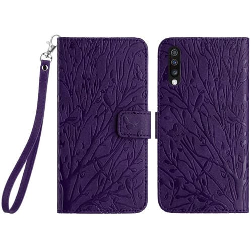 Funda para Teléfono Samsung Galaxy A50 Cuero Patrón En Relieve Tree Birds (Púrpura)