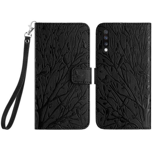 Funda para Teléfono Samsung Galaxy A50 Cuero Patrón En Relieve Tree Birds (Negro)