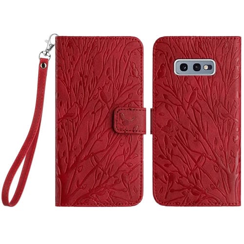 Funda para Teléfono Samsung Galaxy S10E Cuero Patrón En Relieve Tree Birds (Rojo)