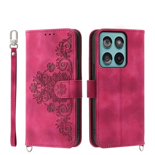 Funda de piel con relieve floral para Motorola Edge 60 Fusion (rojo vino)