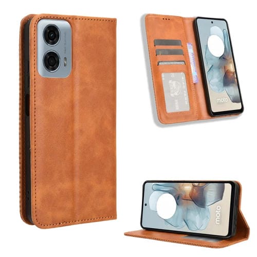 Funda de Cuero Motorola Moto G45 5G/G34 5G con Textura Retro y Hebilla Magnética (Marrón)