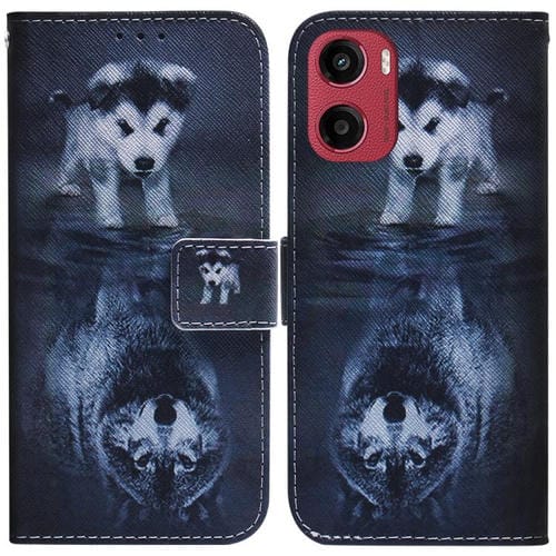 Funda de Cuero con Tapa y Dibujo a Color para Motorola Moto G05/E15 (Lobo y Perro)