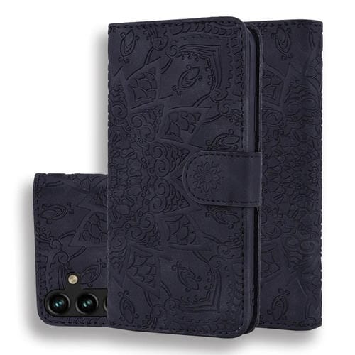 Funda para Teléfono Samsung Galaxy A55 5G Piel de Becerro Doble Pliegue Relieve Mandala (Negro)
