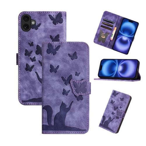 Funda de cuero con tapa y estampado de mariposa y gato para iPhone 17 (morado)