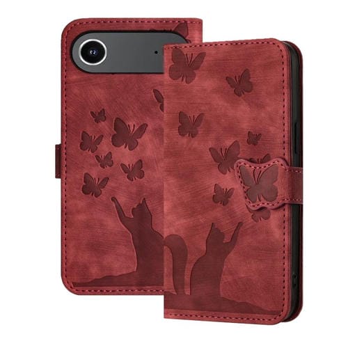 Funda de cuero con tapa y estampado de mariposas y gatos para iPhone 17 Air (roja)
