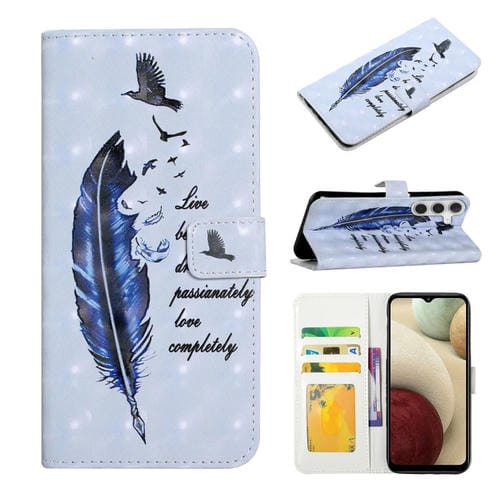 Funda de Cuero Samsung Galaxy A05S con Dibujo 3D en Relieve al Óleo (Pluma Azul)