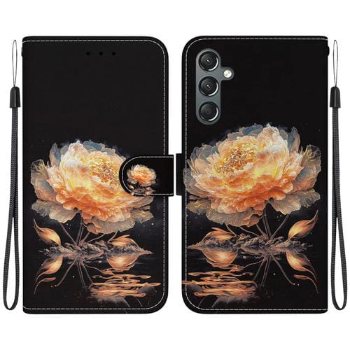 Funda de Cuero Samsung Galaxy A24 4G con Dibujo Coloreado y Textura de Cristal (Peonía Dorada)