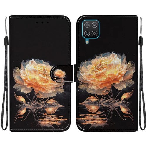 Funda para Teléfono Samsung Galaxy A12 5G Cuero Dibujo Coloreado Textura de Cristal (Peonía Dorada)