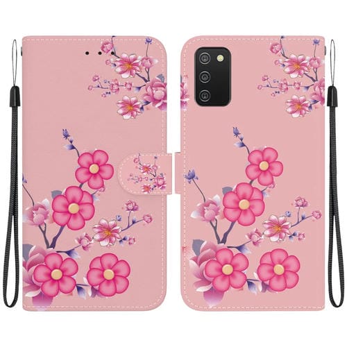 Estuche de Cuero Samsung Galaxy A03S Versión EE.UU con Dibujo Coloreado y Textura de Cristal (Flores de Cerezo)