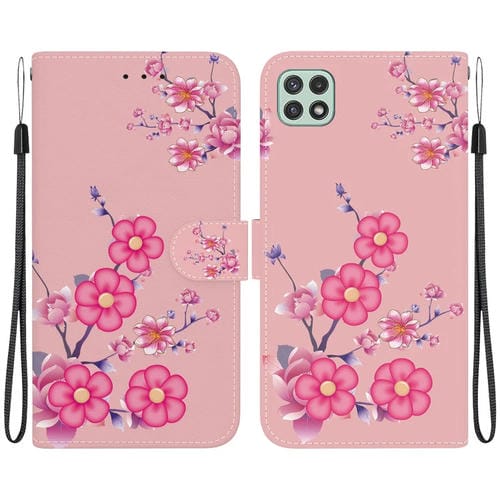 Funda para Teléfono Samsung Galaxy A22 5G Cuero Dibujo Coloreado Textura de Cristal (Flores de Cerezo)