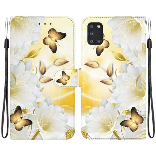 Funda de Cuero Samsung Galaxy A31 Dibujo Coloreado Textura de Cristal (Epiphyllum Mariposa Dorada)
