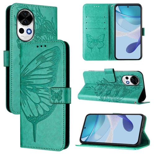 Funda de Cuero para Huawei Nova 13 y Nova 12 con Diseño de Mariposa en Relieve (Verde)