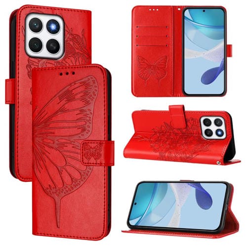 Funda de Cuero con Relieve de Mariposa para Honor X8C 4G (Rojo)