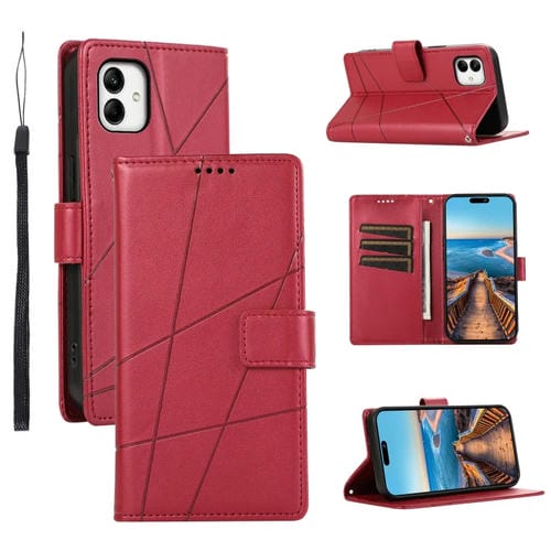 Funda para Teléfono Samsung Galaxy A05 Pu con Línea En Relieve y Textura de Cuero Genuino (Rojo)