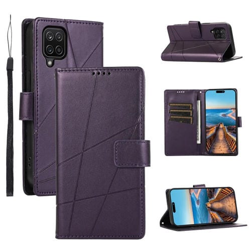 Funda para Teléfono Samsung Galaxy A12 con Línea en Relieve y Textura de Cuero Genuino (Púrpura)