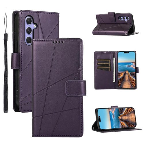 Funda para Teléfono Samsung Galaxy A54 5G PU con Línea en Relieve y Textura de Cuero Genuino (Púrpura)