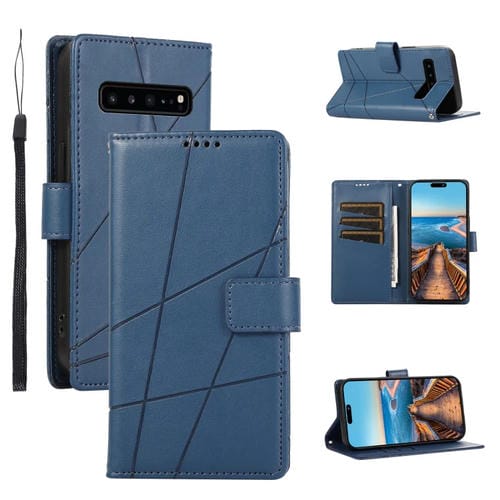 Funda para Teléfono Samsung Galaxy S10 5G Pu con Línea en Relieve y Textura de Cuero Genuino (Azul)