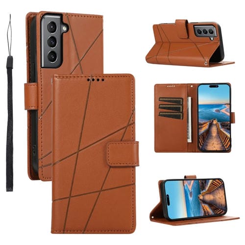 Funda para Teléfono Samsung Galaxy S21 5G Pu con Línea en Relieve y Textura de Cuero Genuino (Marrón)