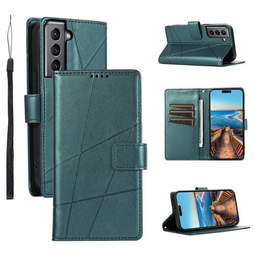 Funda para Teléfono Samsung Galaxy S21 5G PU con Línea en Relieve Textura Cuero Genuino (Verde)