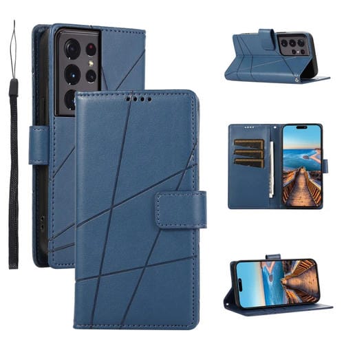 Funda para TelĂ©fono Samsung Galaxy S21 Ultra 5G PU Cuero Genuino LĂnea En Relieve (Azul)