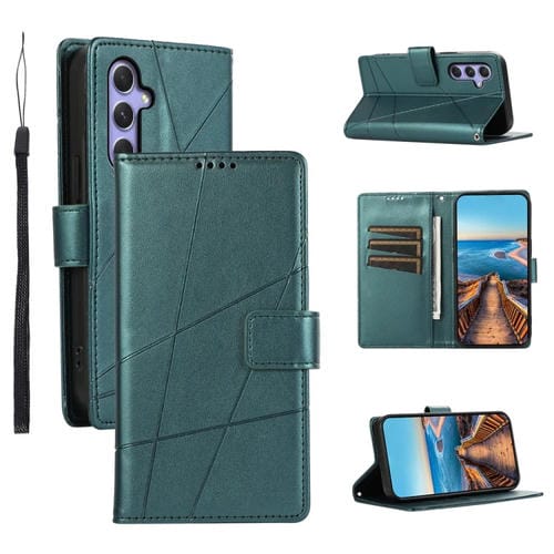 Funda para Teléfono Samsung Galaxy A55 PU con Línea en Relieve y Textura de Cuero Genuino (Verde)