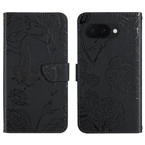 Funda de Cuero con Tapa y Mariposas en Relieve para Google Pixel 9A (Negra)