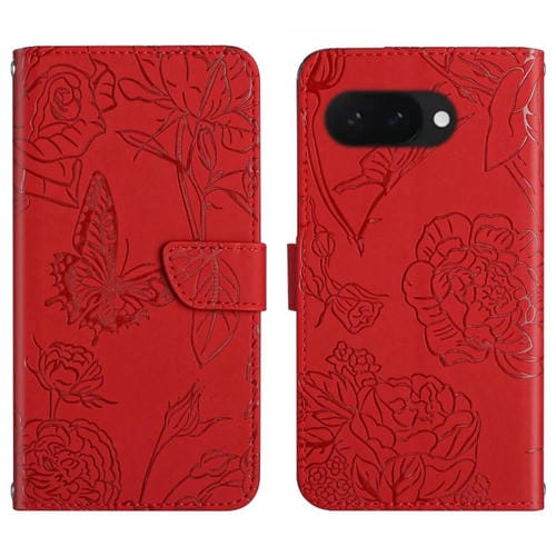 Funda de Cuero con Tapa y Mariposas en Relieve para Google Pixel 9A (Rojo)