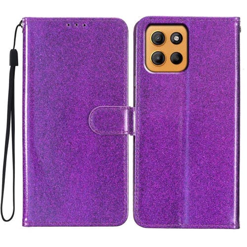 Funda de Cuero con Tapa y Purpurina para Motorola Moto G15 (Morado)