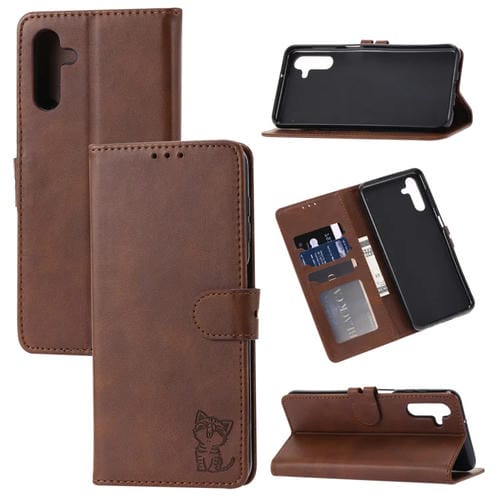 Funda para Teléfono Samsung Galaxy A05S Cuero con Tapa Patrón Gato Feliz (Marrón)