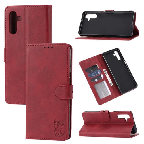 Funda para Teléfono Samsung Galaxy A55 5G Cuero con Tapa Patrón Gato Feliz (Rojo)
