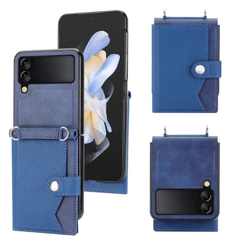 Funda para Samsung Galaxy Z Flip4 5G con Tarjetero de Un Solo BotĂłn y CordĂłn Largo (Azul)