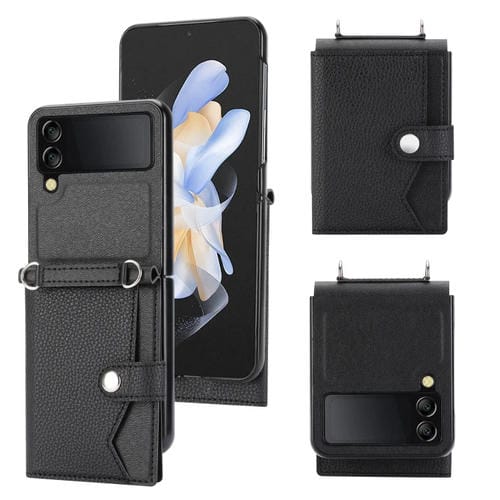 Funda para Teléfono Samsung Galaxy Z Flip4 5G con Tarjetero de Un Solo Botón Patrón Litchi y Cordón Largo (Negro)